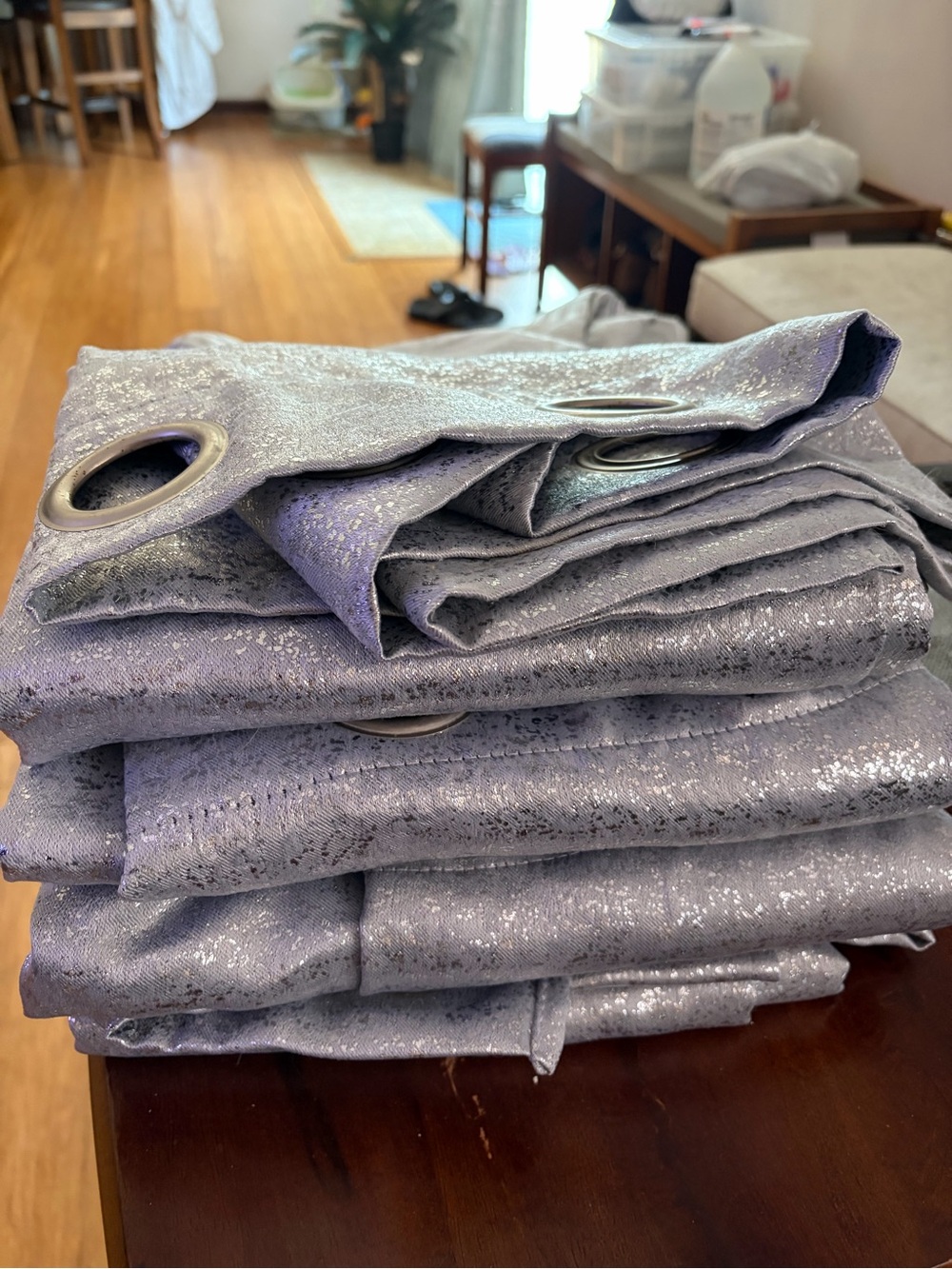 Coordinating lot of 6 silver and gray metallic grommet-top curtain panels.